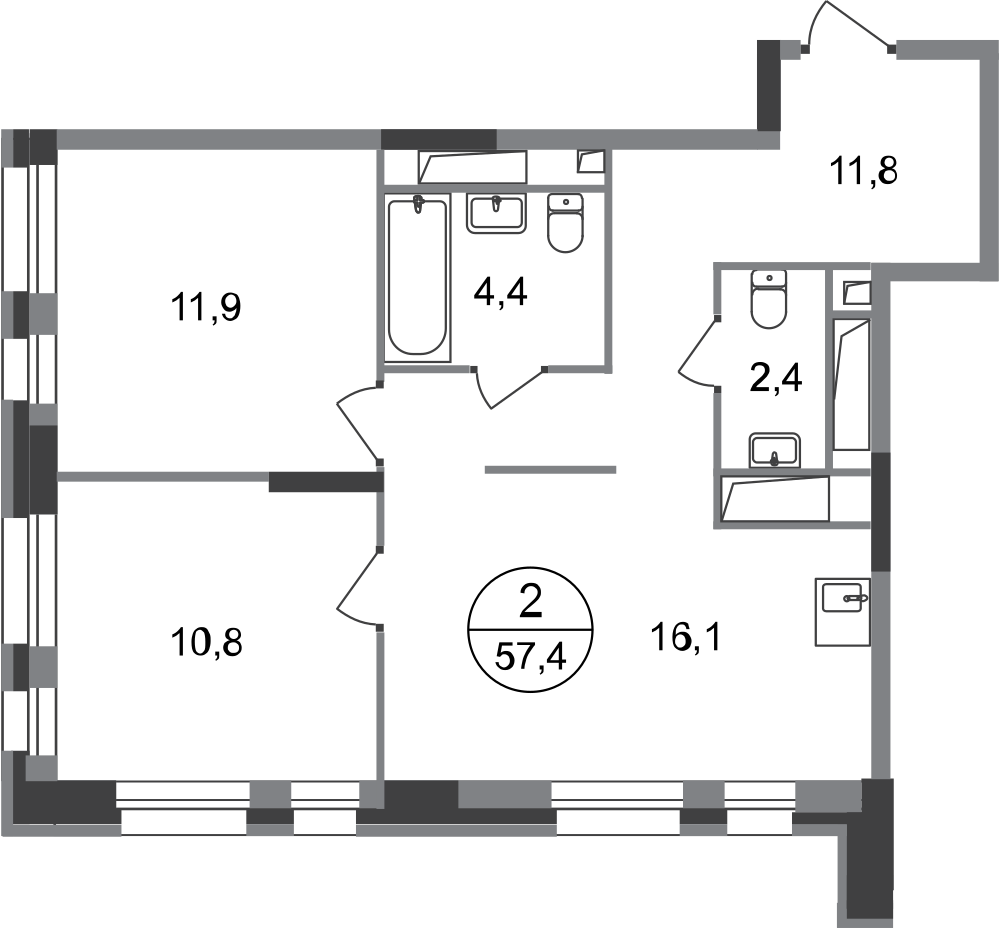 2-комнатная 57 м2 в ЖК Первый Московский корпус null этаж 15
