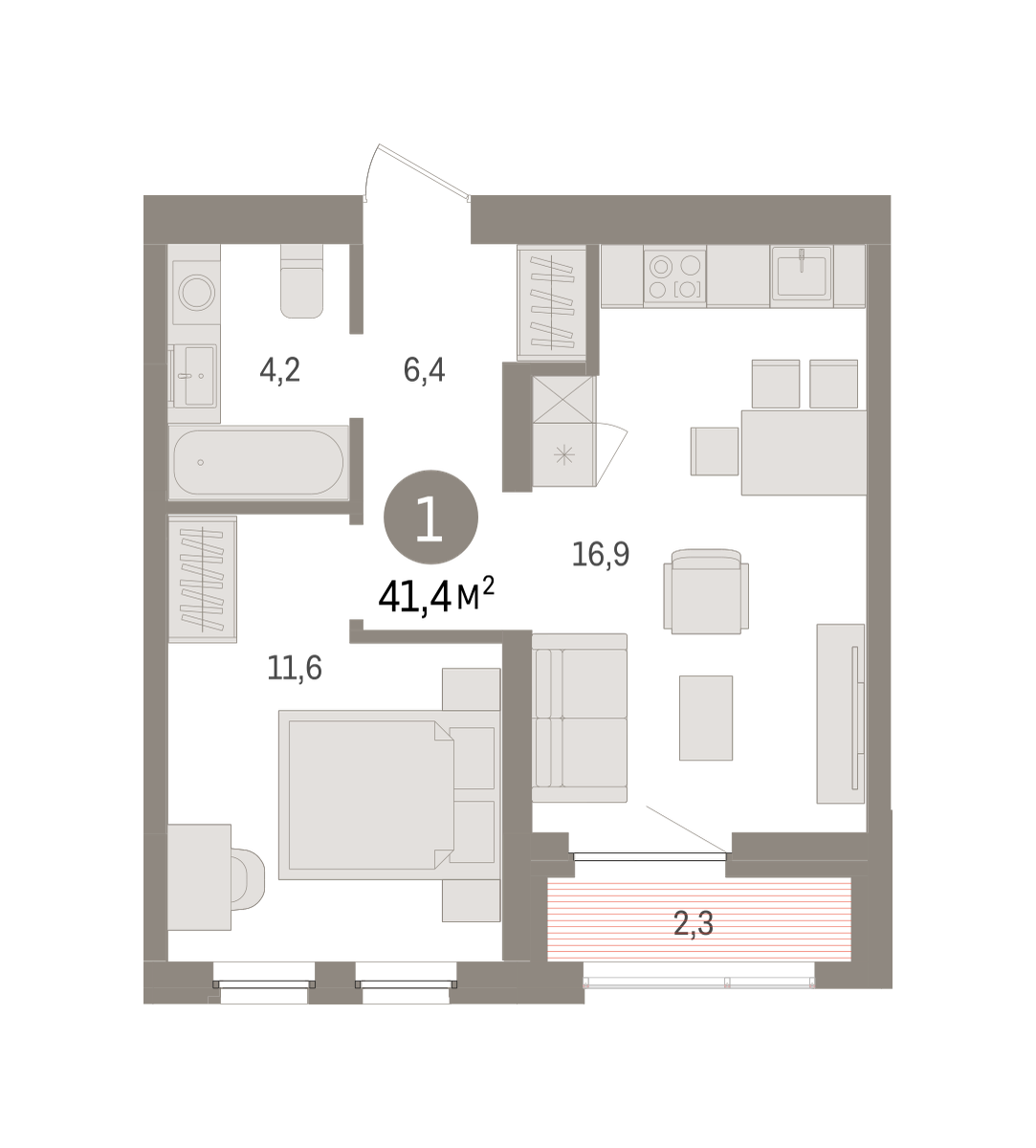 1-комнатная 41 м2 в ЖК Зарека корпус null этаж 2