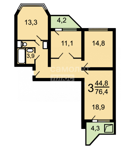 3-комнатная 75.9 м2 в ЖК undefined корпус null этаж 13