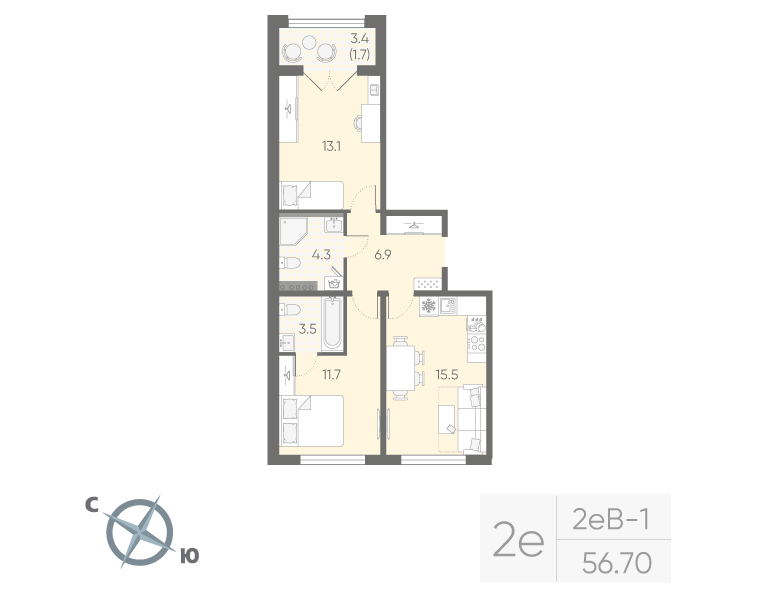 2-комнатная 56 м2 в ЖК Пулково Lake корпус null этаж 3