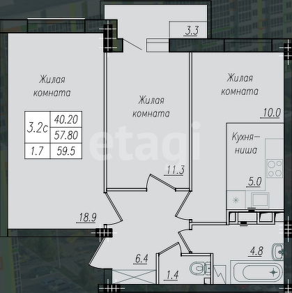 3-комнатная 59.5 м2 в ЖК undefined корпус null этаж 8