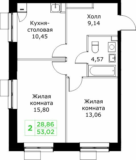 2-комнатная 53 м2 в ЖК Кит корпус null этаж 22