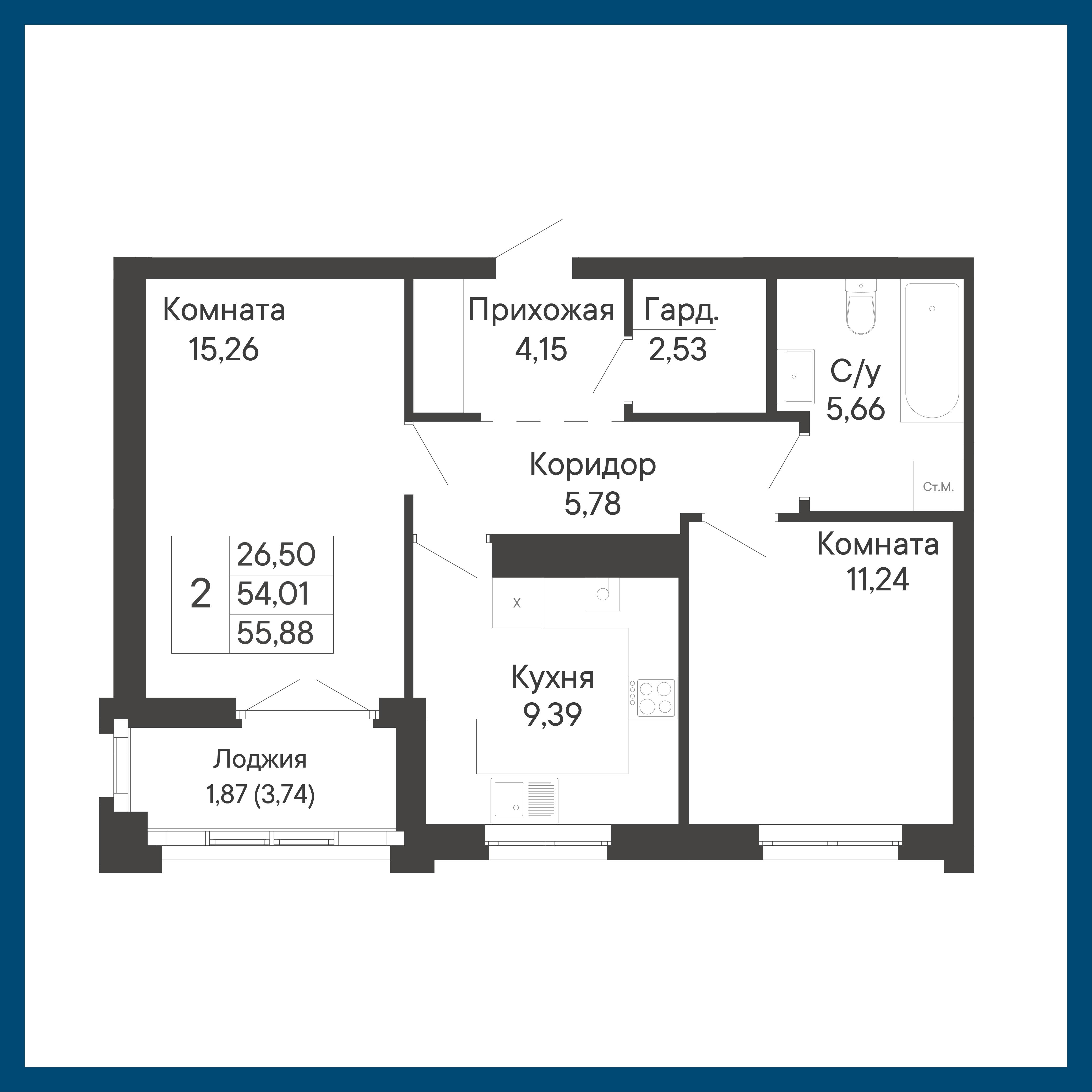 2-комнатная 55 м2 в ЖК Курортный квартал «Ривьера» корпус null этаж 1