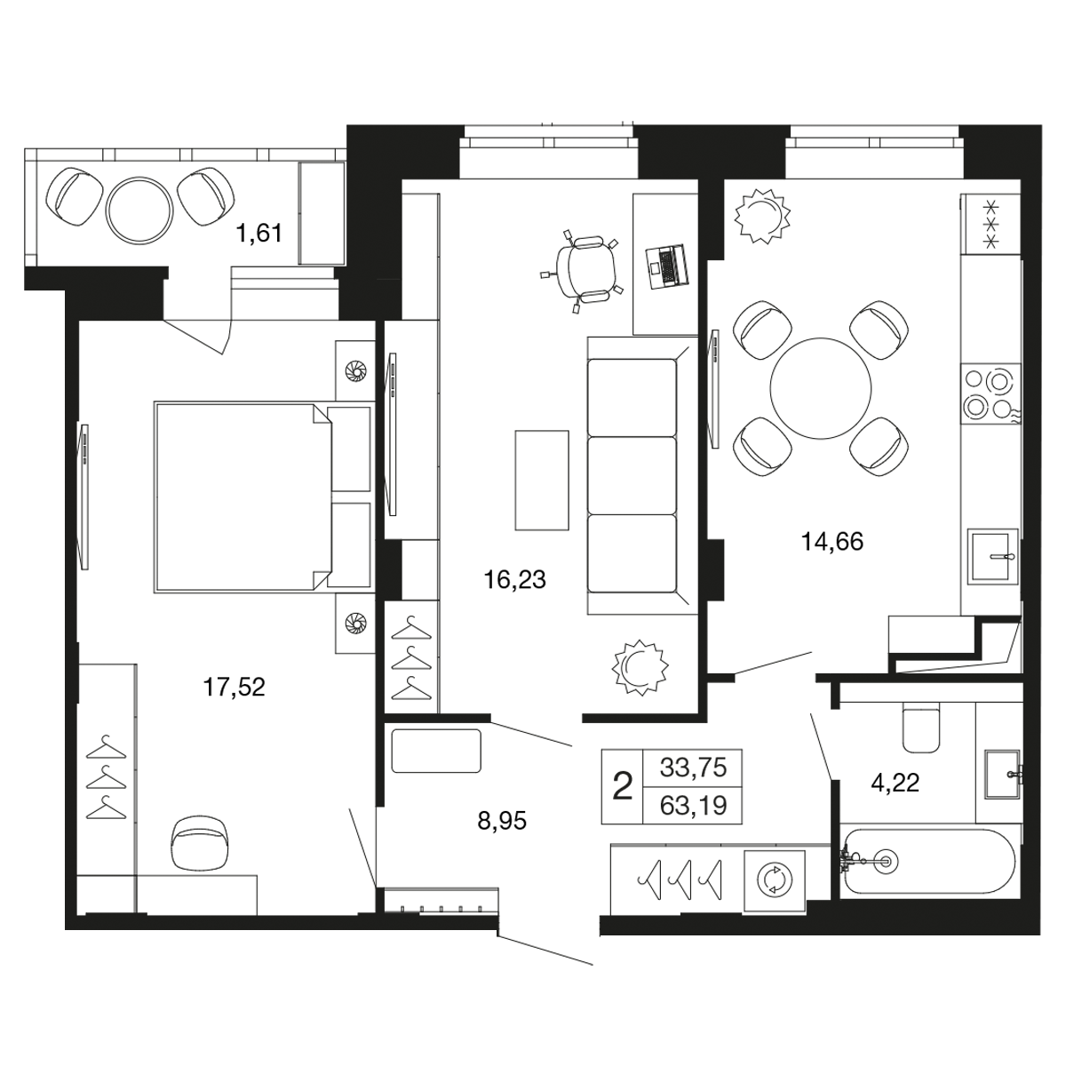 2-комнатная 63 м2 в ЖК Времена года корпус null этаж 8