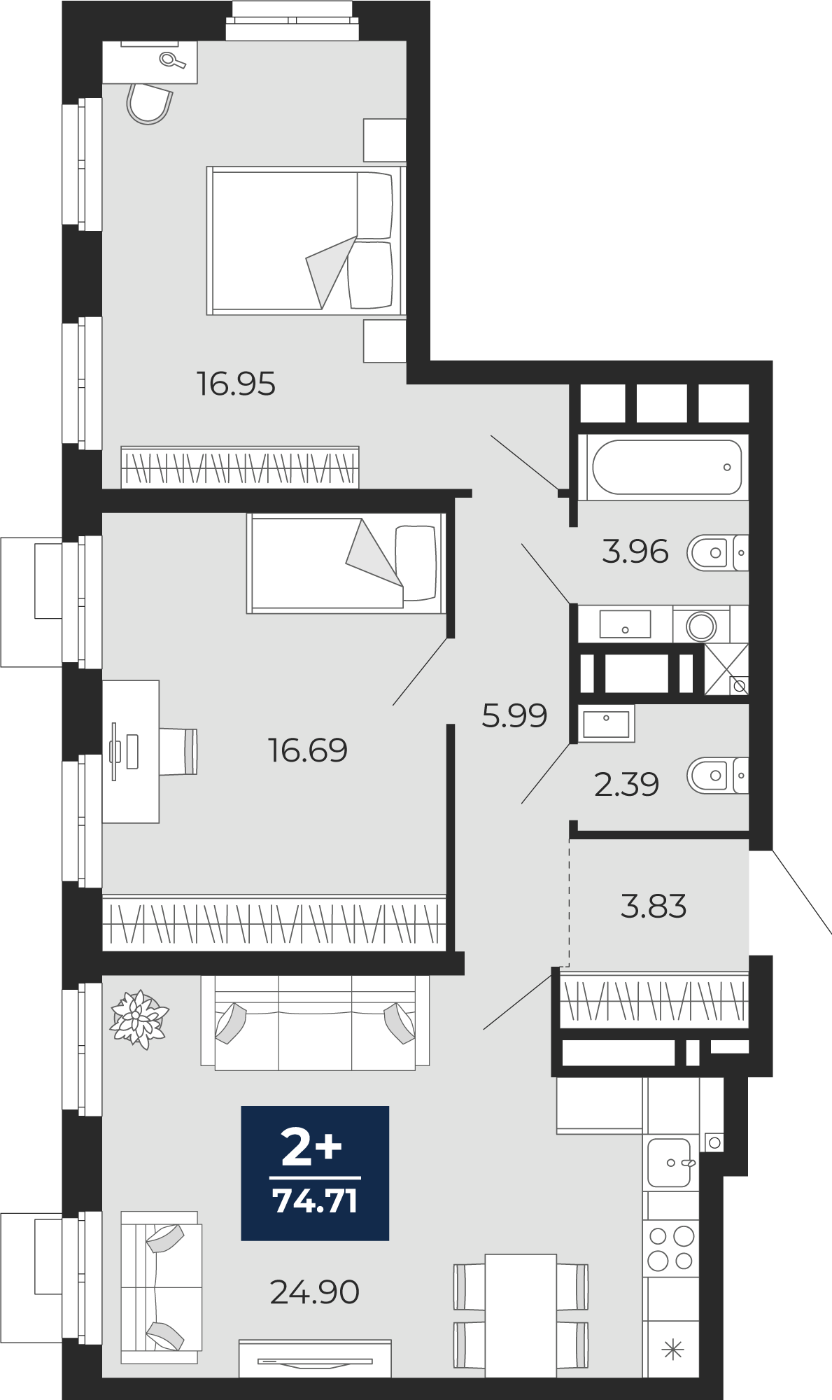 2-комнатная 74 м2 в ЖК Айвазовский корпус null этаж 7