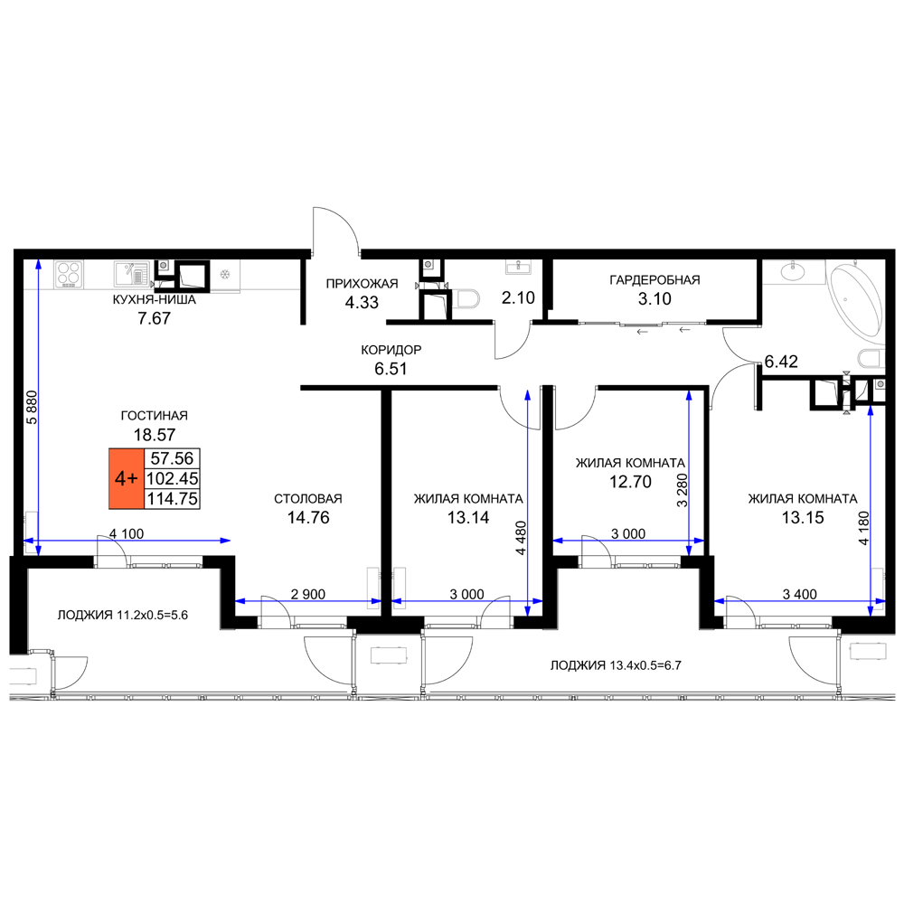 4-комнатная 115 м2 в ЖК Сегодня корпус null этаж 16