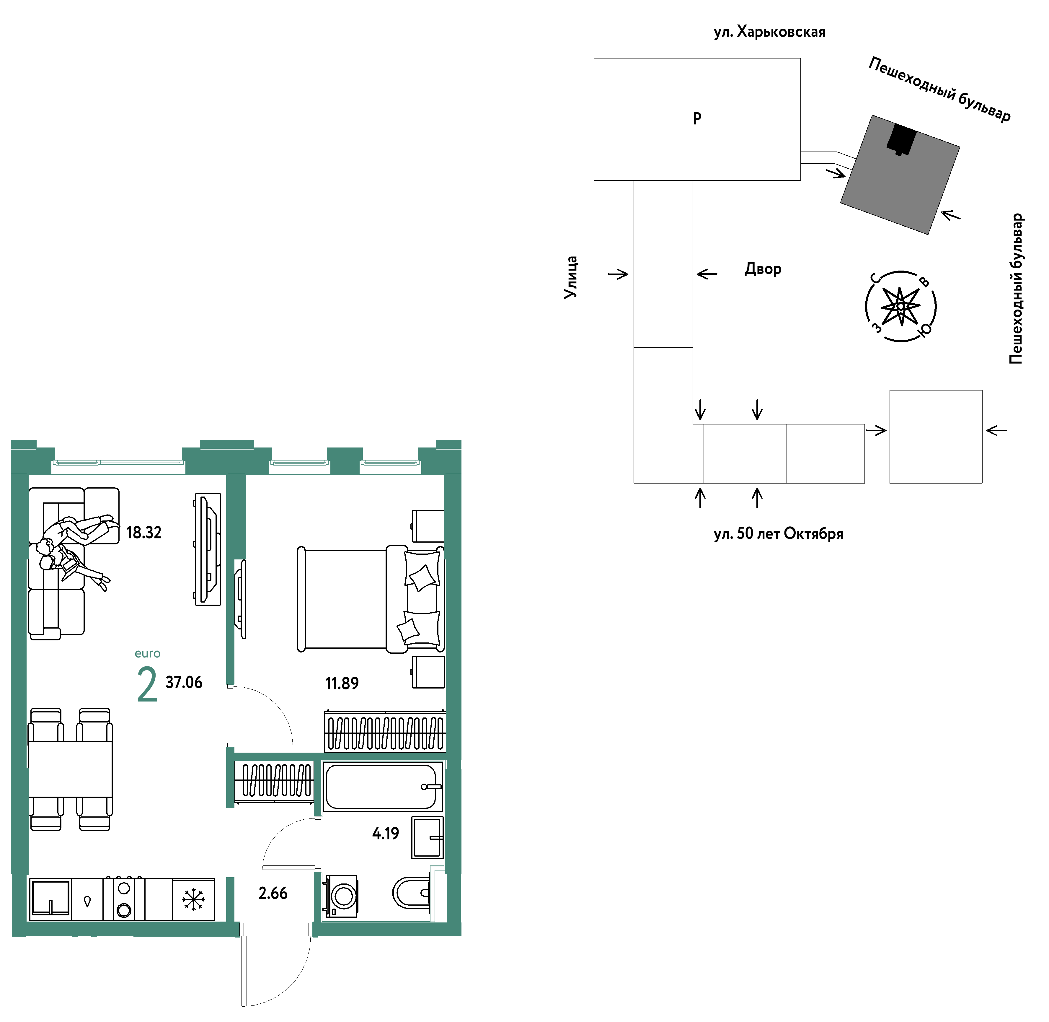 2-комнатная 37 м2 в ЖК Сердце Сибири корпус null этаж 4