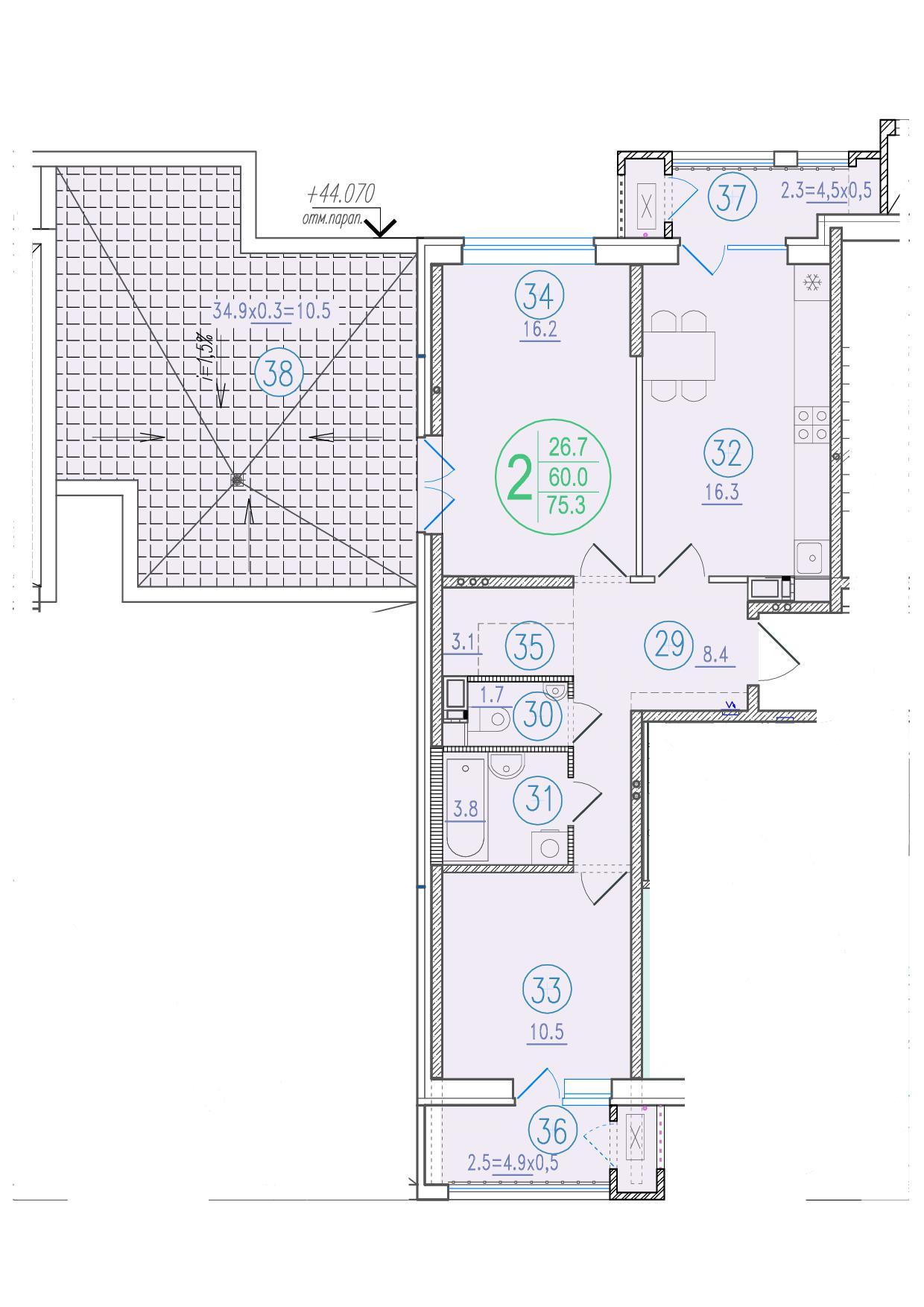 2-комнатная 75 м2 в ЖК Состояние корпус null этаж 15