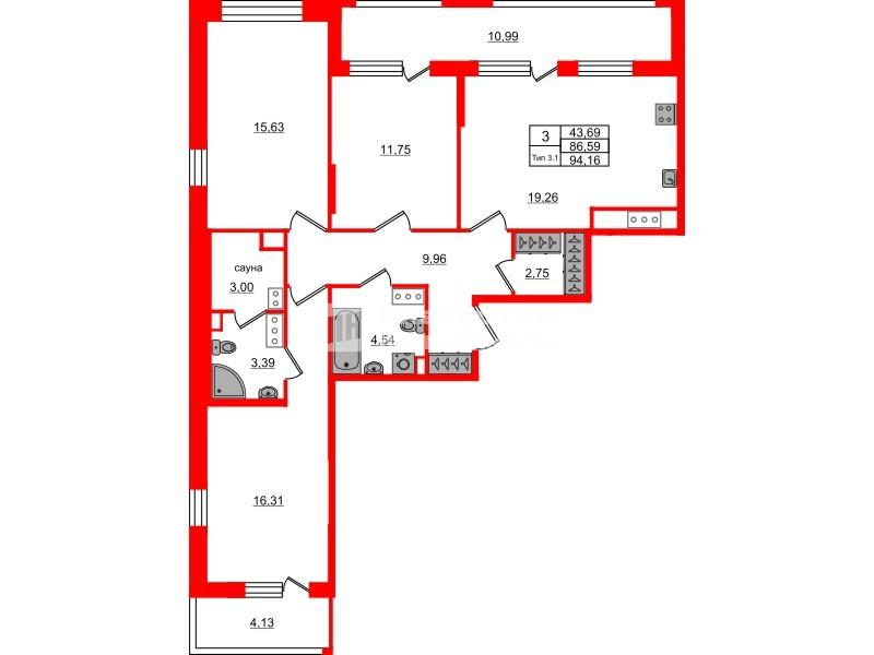 3-комнатная 86 м2 в ЖК Setl Ривьера корпус null этаж 15