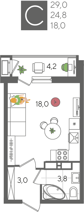 Студия 29 м2 в ЖК Рекорд 2 корпус null этаж 21