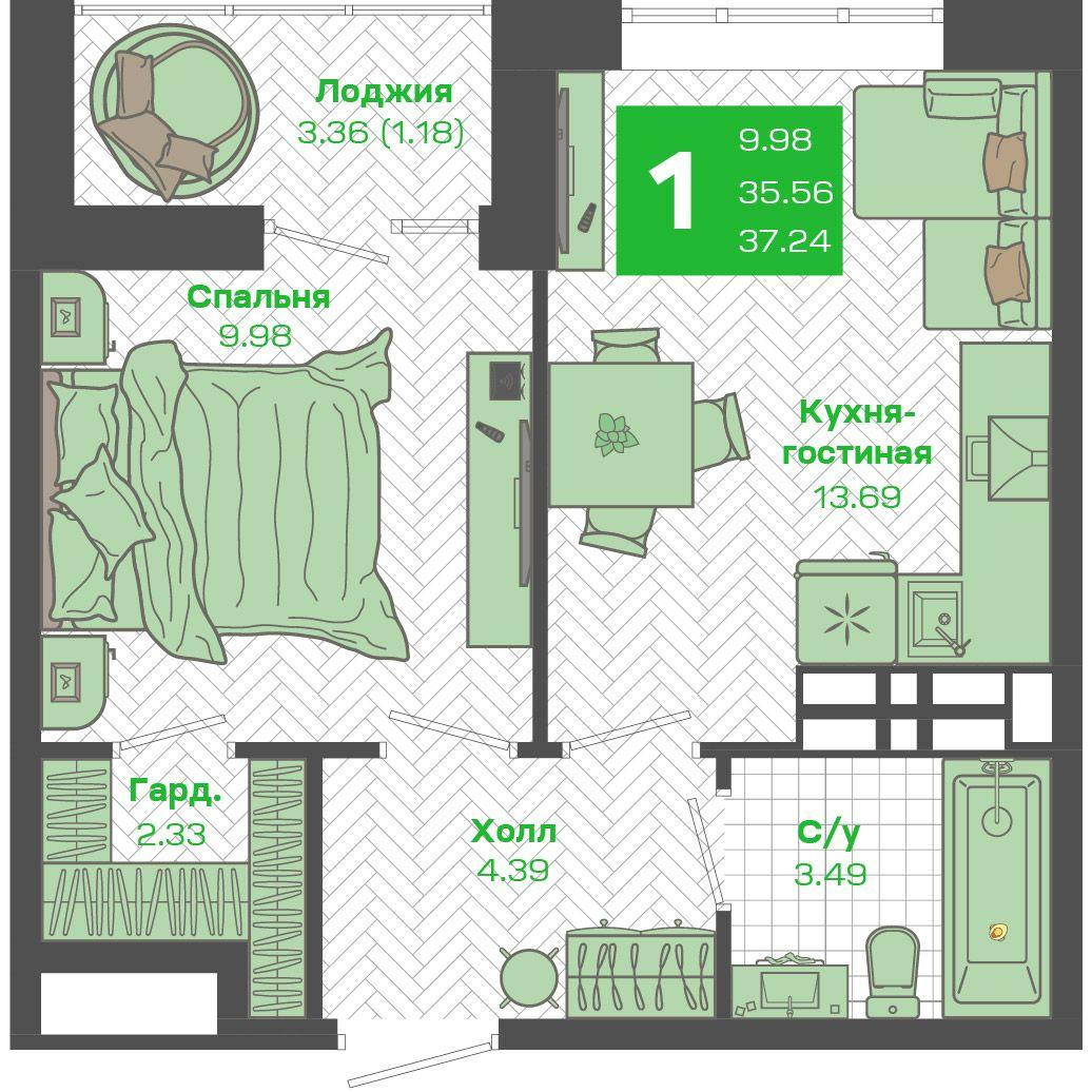 1-комнатная 35 м2 в ЖК Зелёный Бульвар 2 корпус null этаж 6