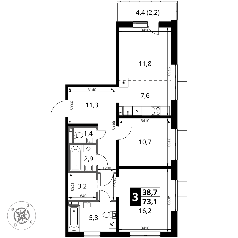 3-комнатная 73 м2 в ЖК 1-й Донской корпус null этаж 14
