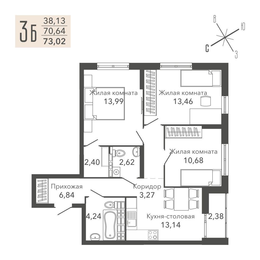 3-комнатная 73 м2 в ЖК Жилая среда «Шишкин» корпус null этаж 6