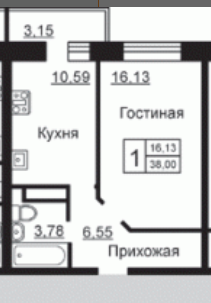 1-комнатная 37.3 м2 в ЖК undefined корпус null этаж 15