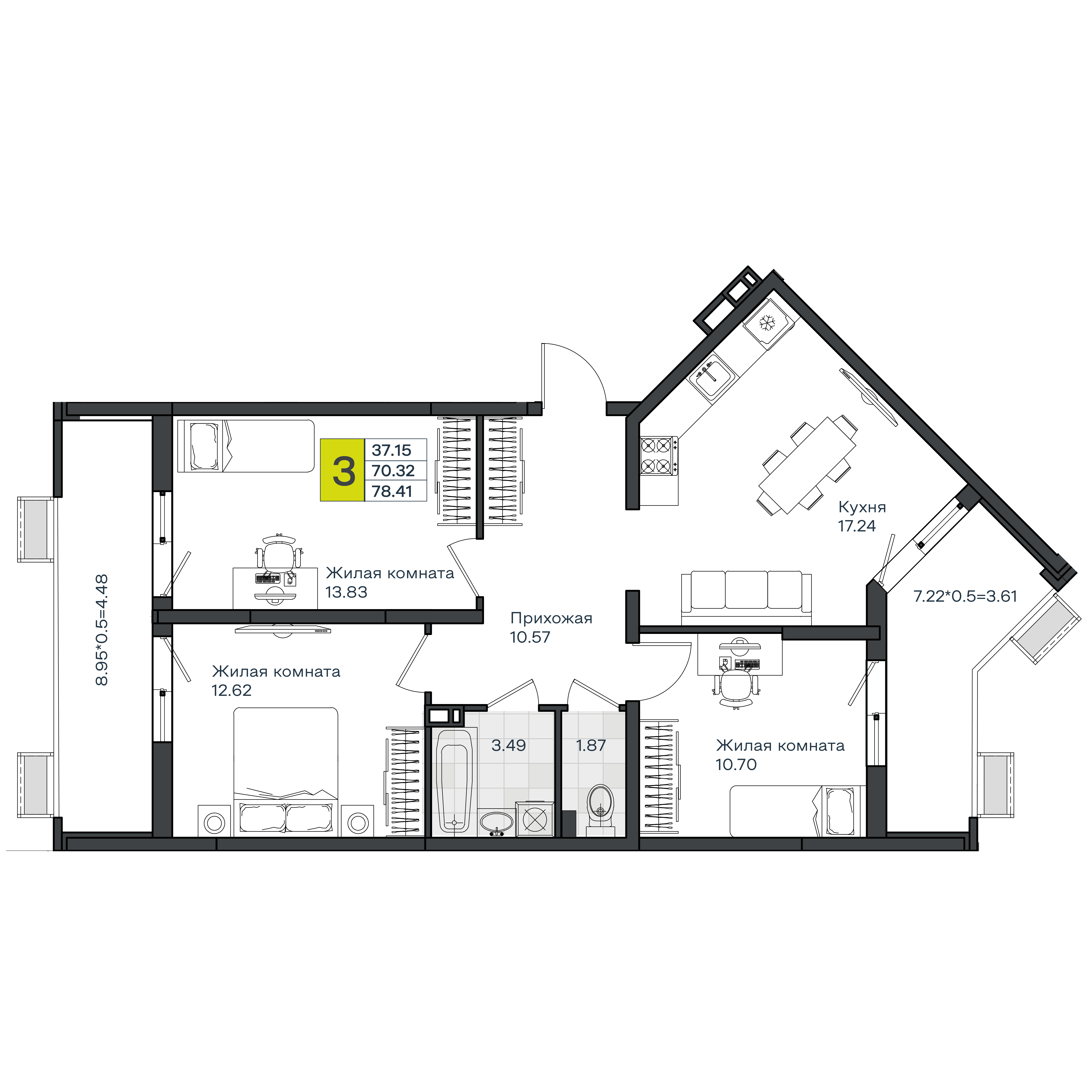 3-комнатная 78 м2 в ЖК МОНО Квартал корпус null этаж 7