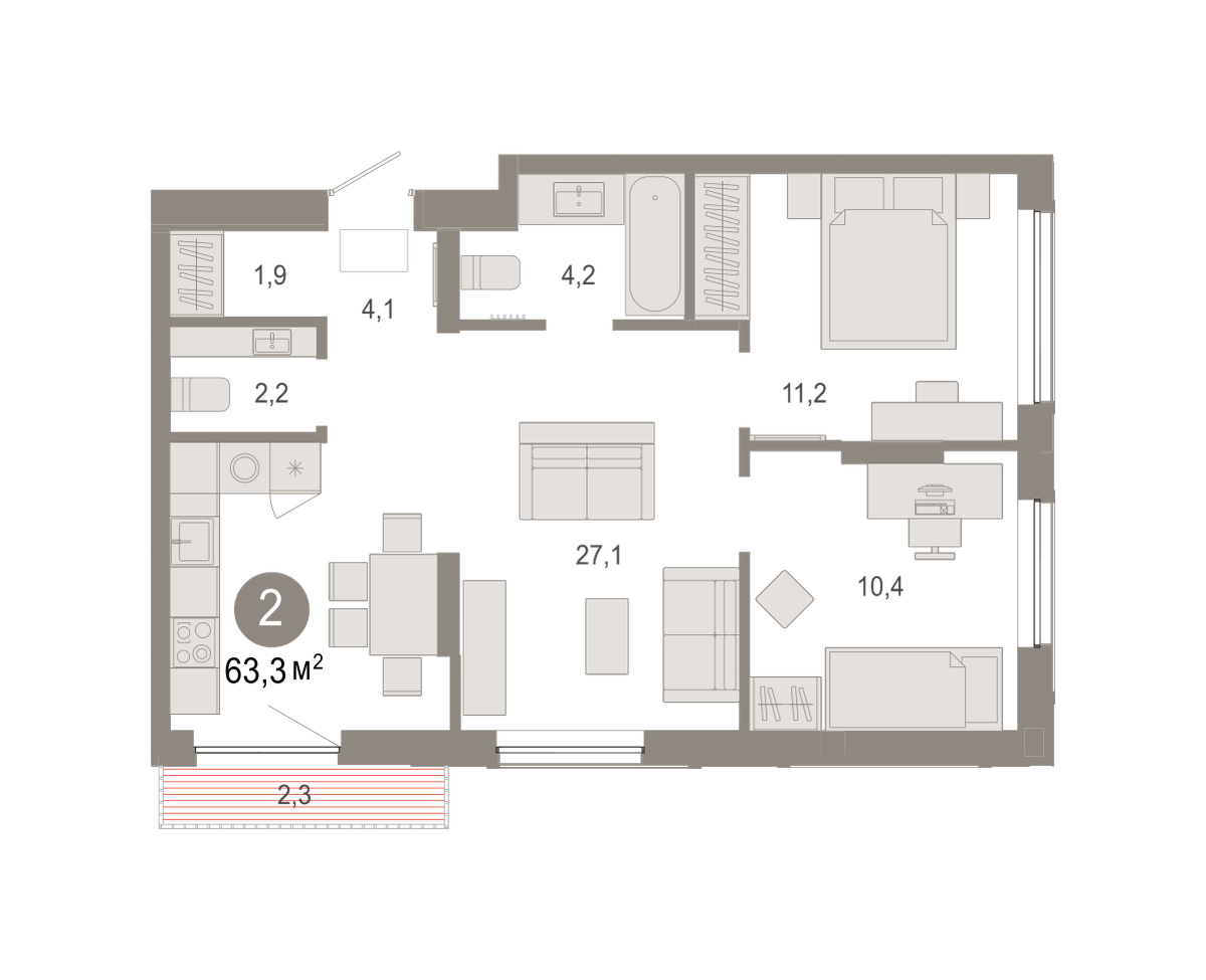 2-комнатная 63 м2 в ЖК Октябрьский на Туре корпус null этаж 5
