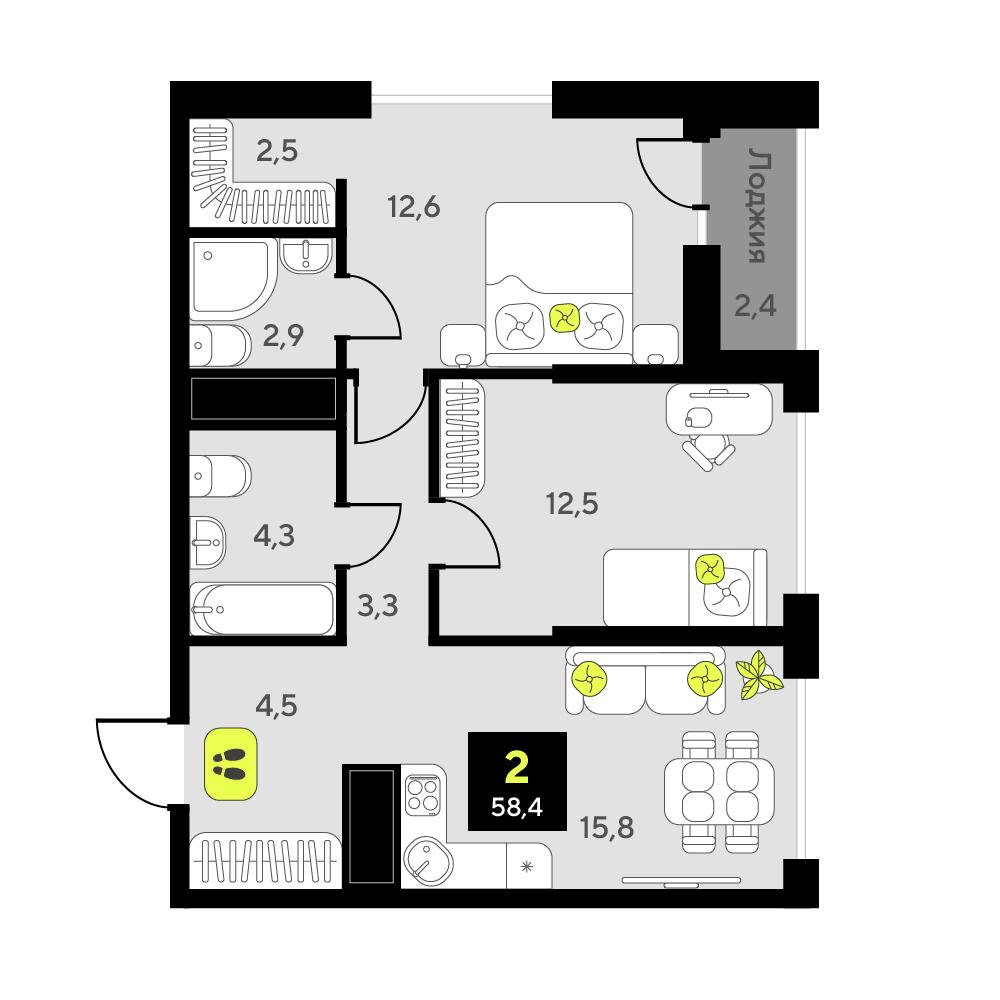2-комнатная 58 м2 в ЖК Мотивы корпус null этаж 13