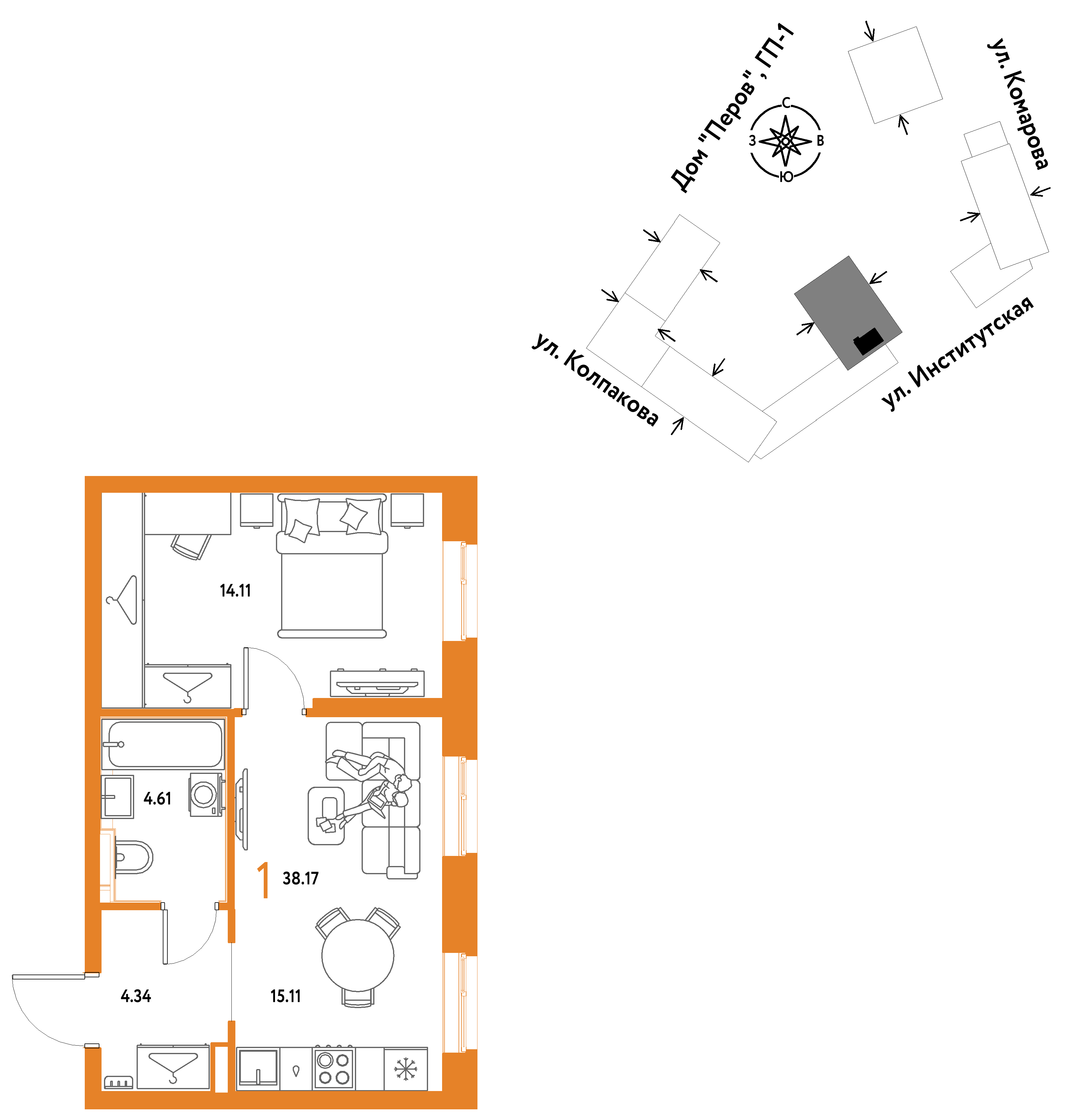 1-комнатная 38 м2 в ЖК Страна.Парковая корпус null этаж 14