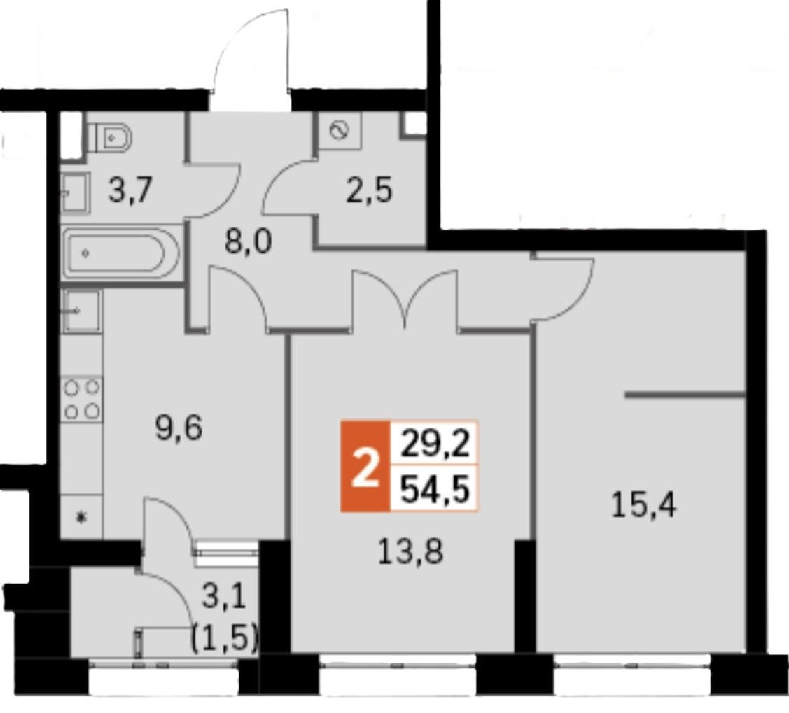 2-комнатная 54.5 м2 в ЖК undefined корпус null этаж 8
