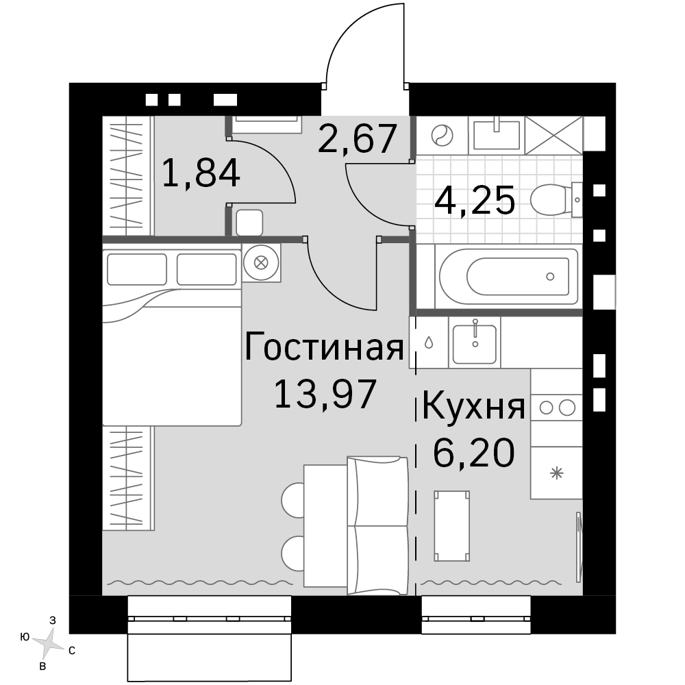 1-комнатная 28 м2 в ЖК Жаворонки Клаб корпус null этаж 2