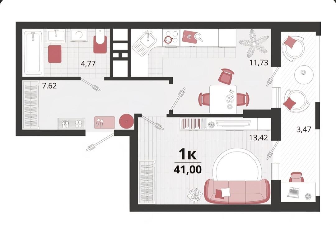 1-комнатная 41 м2 в ЖК undefined корпус null этаж 10