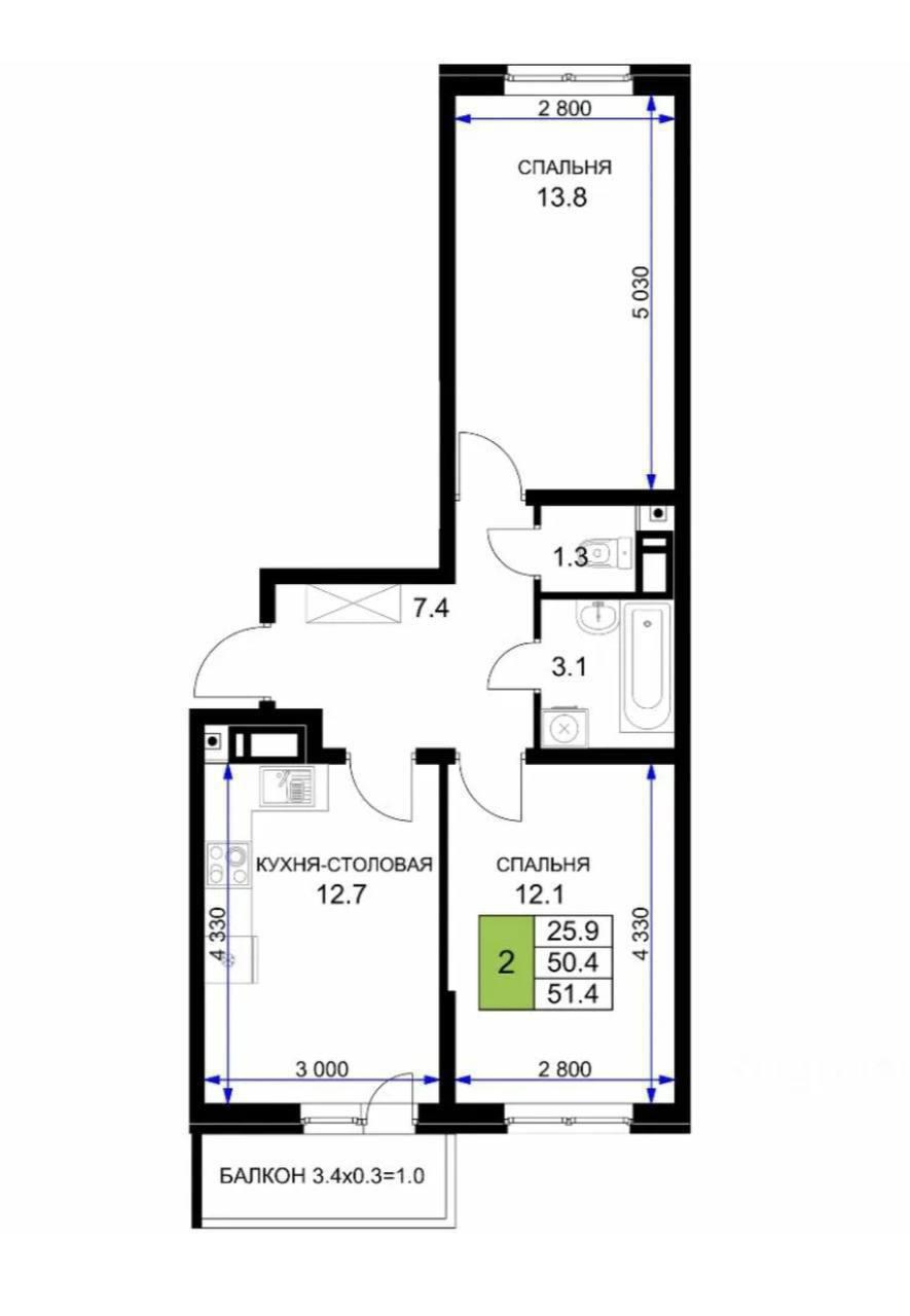2-комнатная 51.4 м2 в ЖК undefined корпус null этаж 7