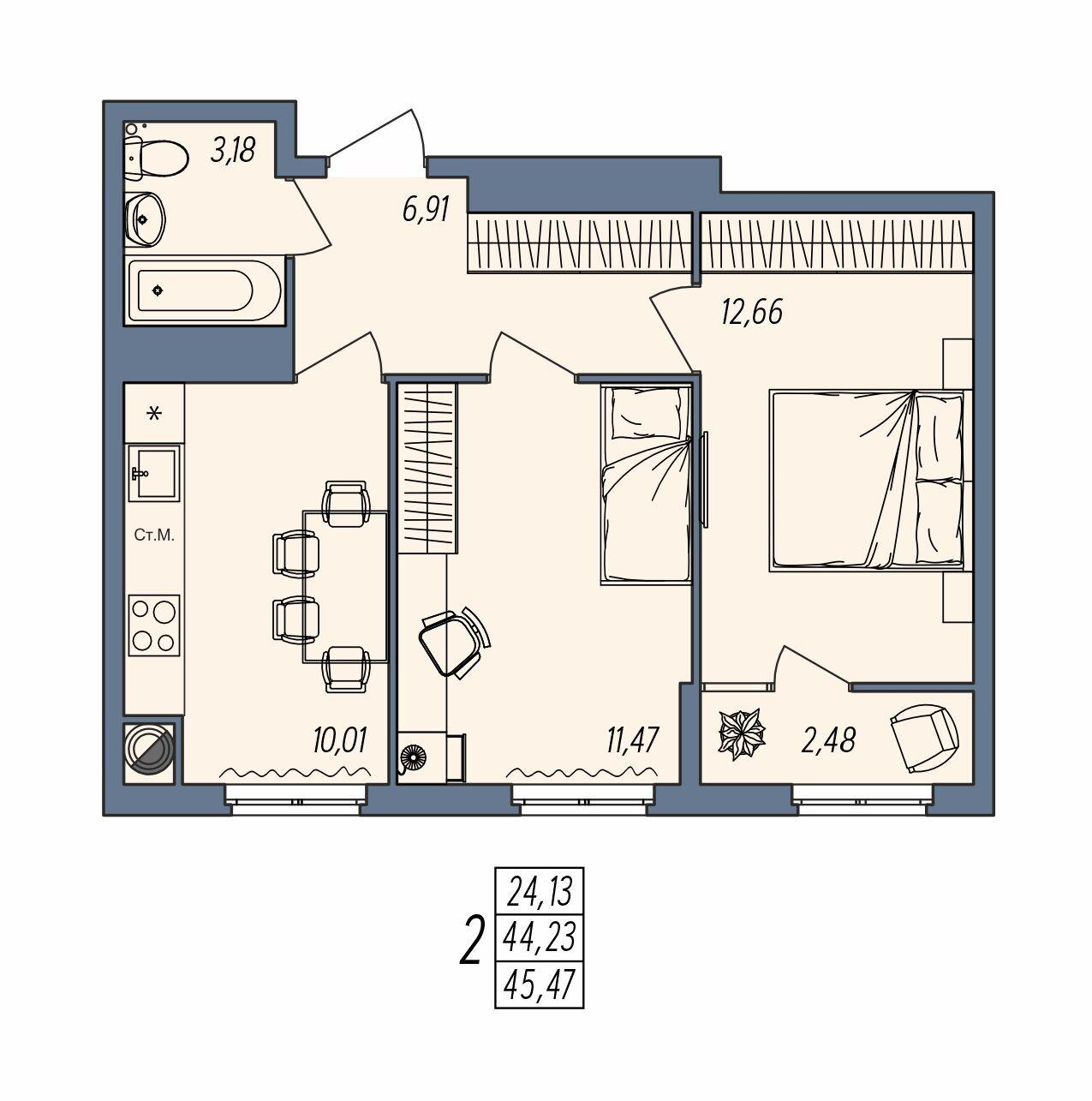 2-комнатная 45 м2 в ЖК Новый корпус null этаж 9
