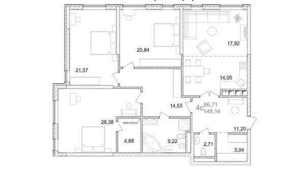4-комнатная 148.1 м2 в ЖК undefined корпус null этаж 9