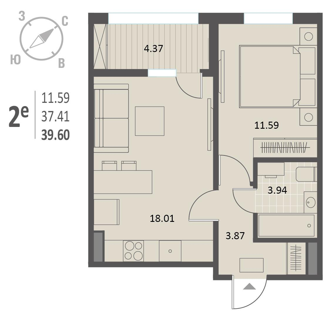 1-комнатная 39 м2 в ЖК Инстеп.Краснознаменная корпус null этаж 15