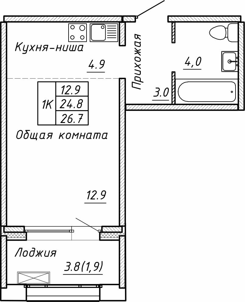 1-комнатная 26 м2 в ЖК Гренландия корпус null этаж 3