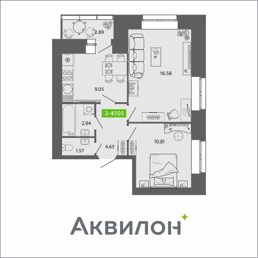 2-комнатная 47 м2 в ЖК RIVER PARK-2 корпус null этаж 7