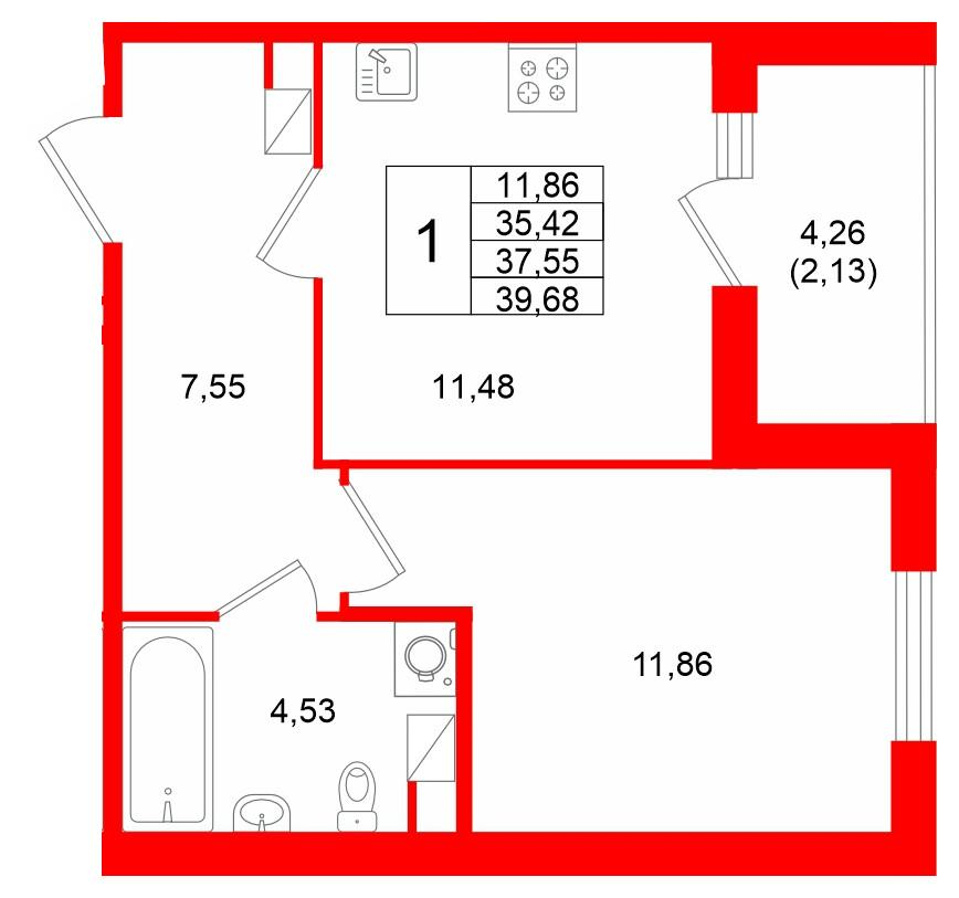1-комнатная 37 м2 в ЖК IQ Гатчина корпус null этаж 5