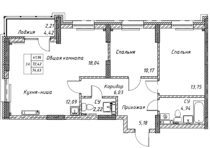 3-комнатная 74.6 м2 в ЖК undefined корпус null этаж 11