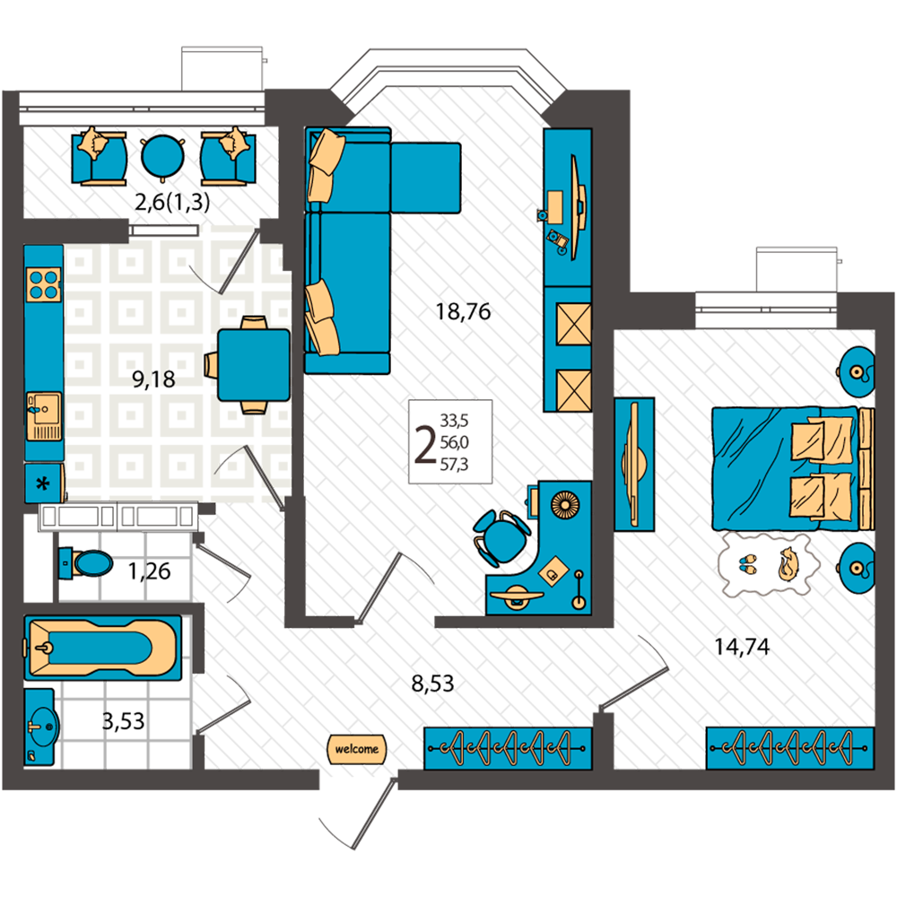 2-комнатная 57 м2 в ЖК AVAnta (АВАнта) корпус null этаж 1