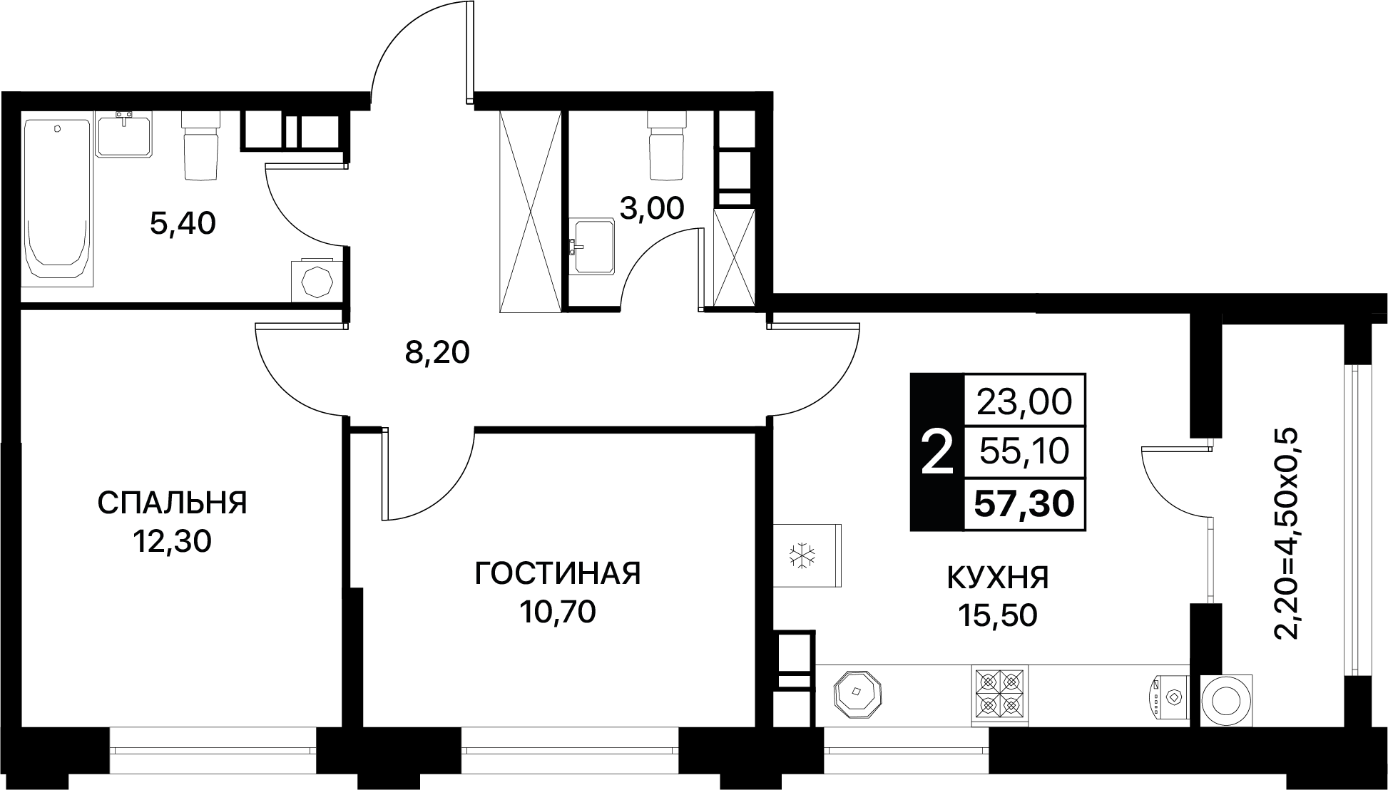 2-комнатная 57 м2 в ЖК Сияние корпус null этаж 9