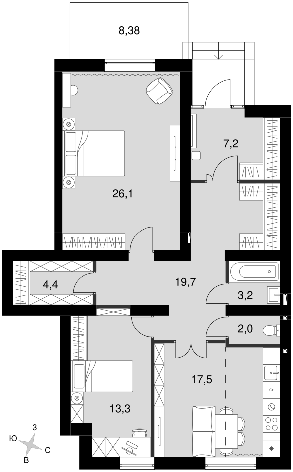 2-комнатная 91 м2 в ЖК Парк Апрель корпус null этаж 1