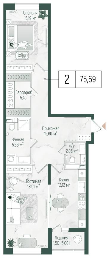 2-комнатная 77 м2 в ЖК Рига Хиллс корпус null этаж 1
