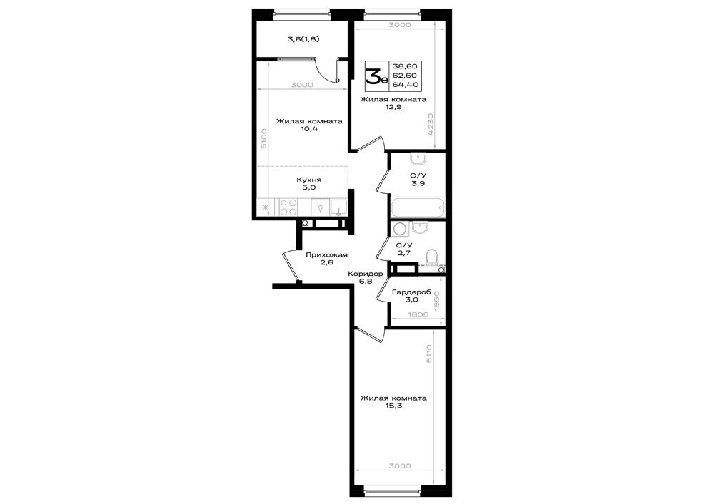 3-комнатная 64 м2 в ЖК Придонье корпус null этаж 9