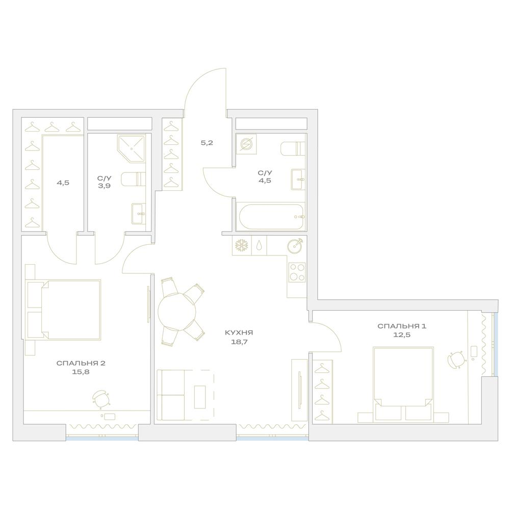 3-комнатная 65 м2 в ЖК Детали корпус null этаж 5