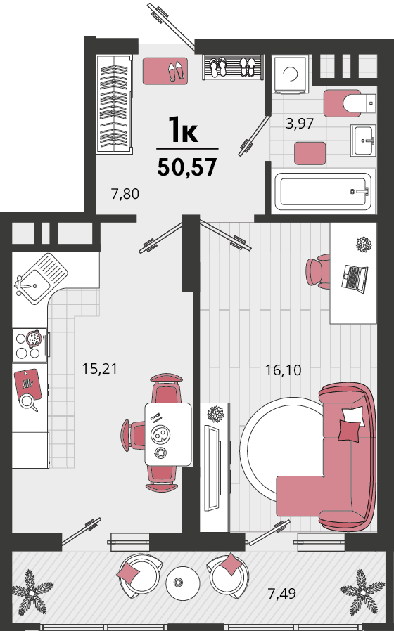 1-комнатная 47 м2 в ЖК Родные просторы корпус null этаж 5