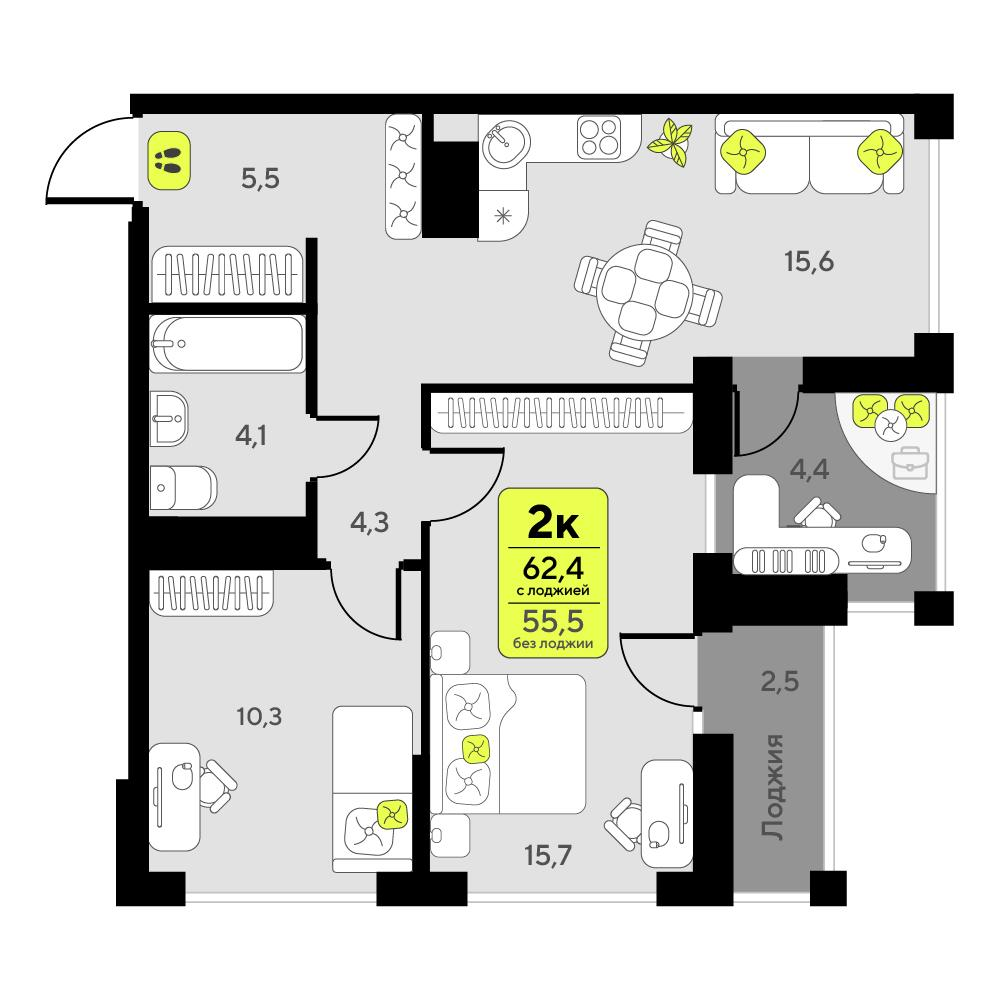 2-комнатная 62 м2 в ЖК Мотивы корпус null этаж 4