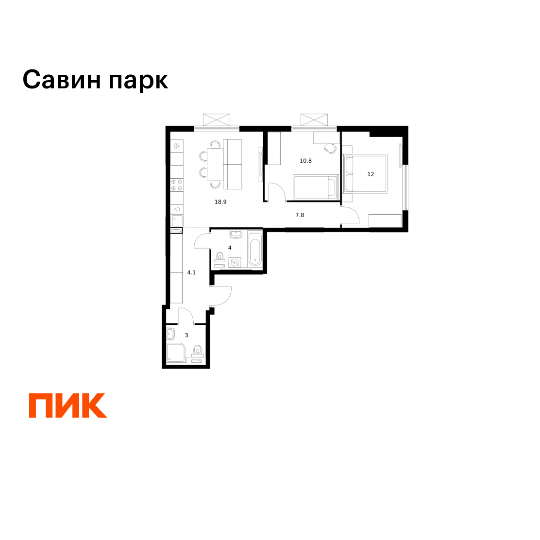 2-комнатная 60 м2 в ЖК Савин парк корпус null этаж 4