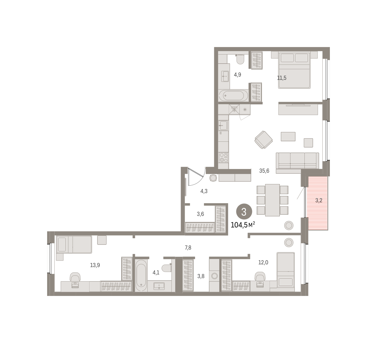 3-комнатная 104 м2 в ЖК Северный ветер корпус null этаж 3