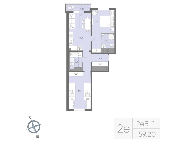 2-комнатная 59 м2 в ЖК Дыбенко Парк корпус null этаж 13