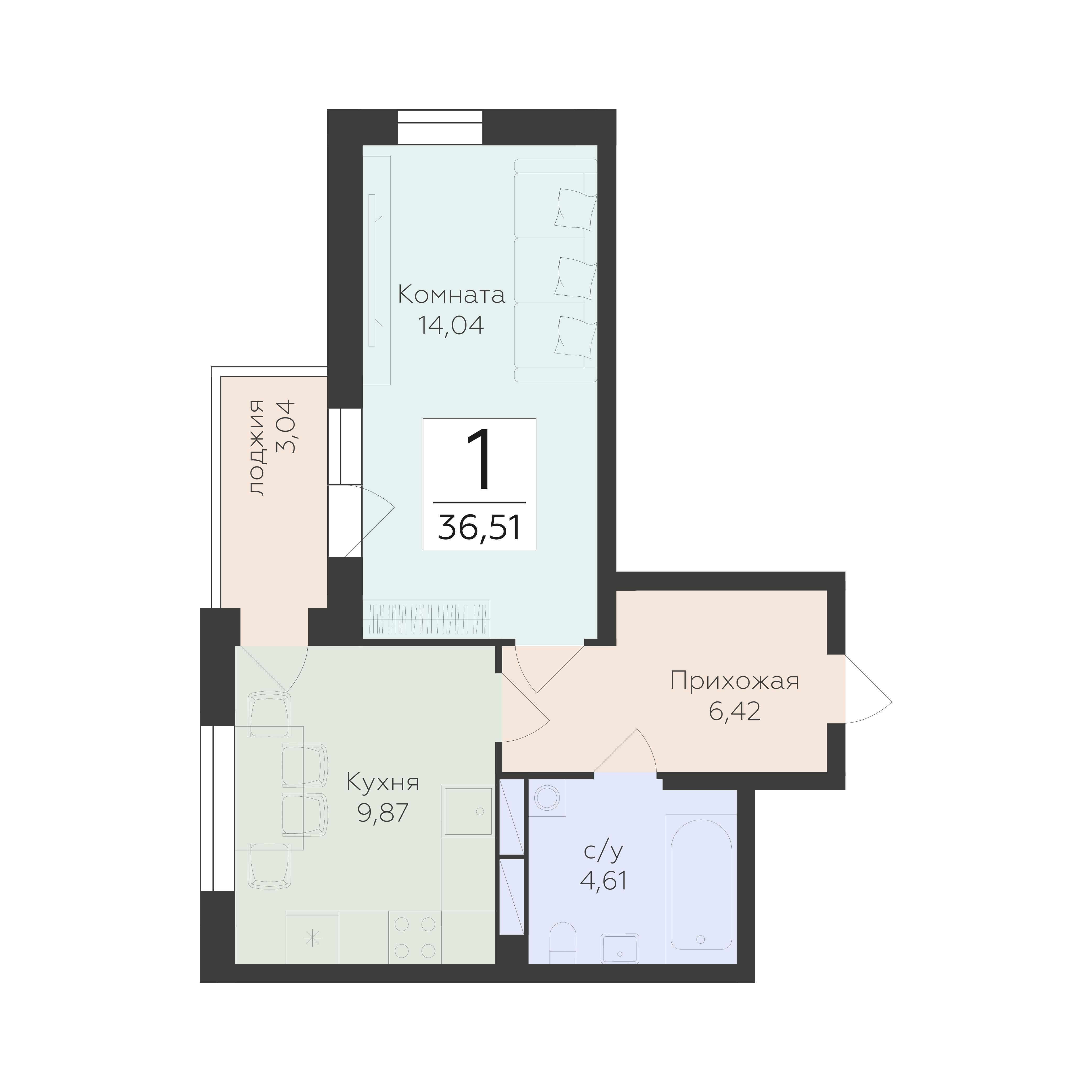 1-комнатная 36 м2 в ЖК Авиапарк корпус null этаж 13