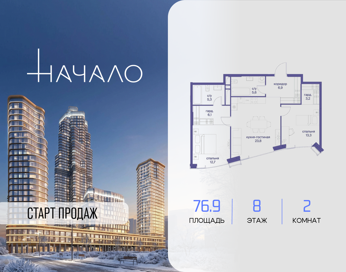 2-комнатная 76 м2 в ЖК Начало корпус null этаж 8