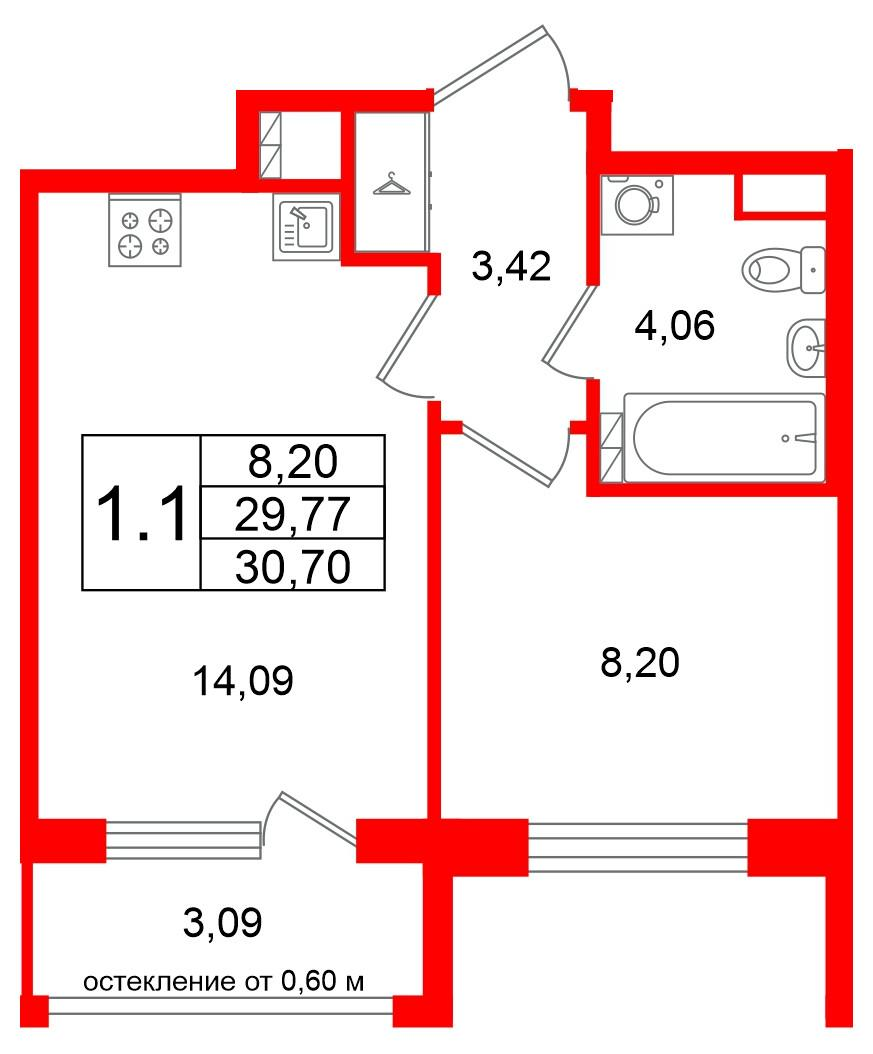 1-комнатная 29 м2 в ЖК Univer City корпус null этаж 4