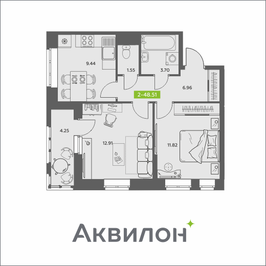 2-комнатная 48 м2 в ЖК Аквилон АКВАРТАЛ корпус null этаж 13