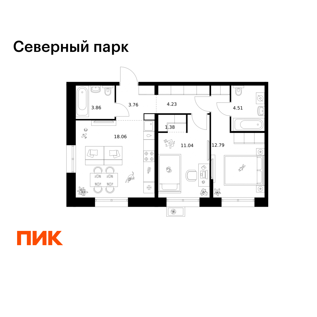 2-комнатная 59 м2 в ЖК Северный парк корпус null этаж 6