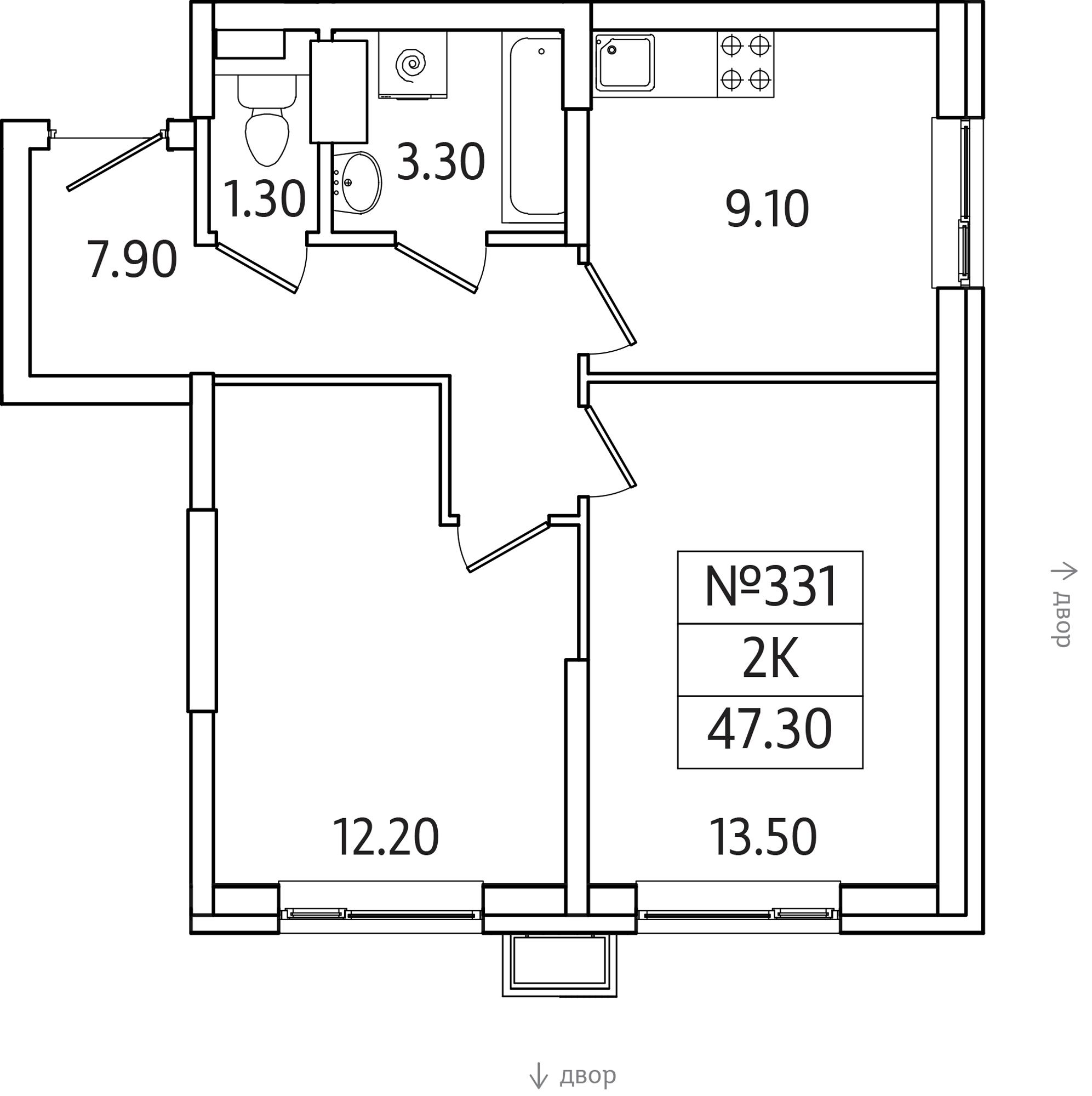 2-комнатная 47 м2 в ЖК Видный Берег-2 корпус null этаж 12